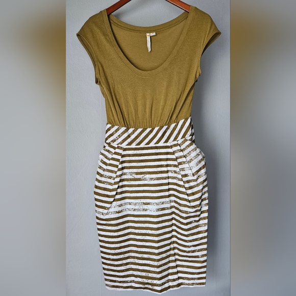 Anthropologie X Littleyellowbutton Olive/White Scoopneck Striped Dress w/Pockets - Picture 1 of 6